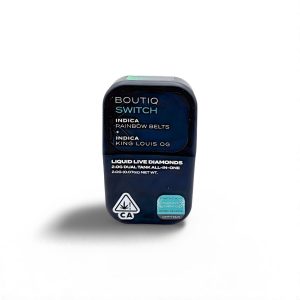 Pods desechables de 2 g con cepas Indica Rainbow Belts y King Louis OG. Producto premium desde Los Ángeles, California