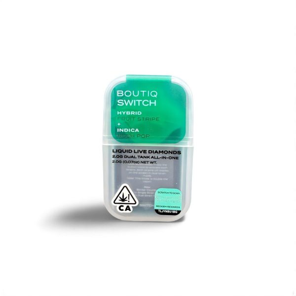 Pods desechables de 2 g con mezcla Hybrid Fruit Stripe y Indica Push Pop. Producto premium desde Los Ángeles, California.